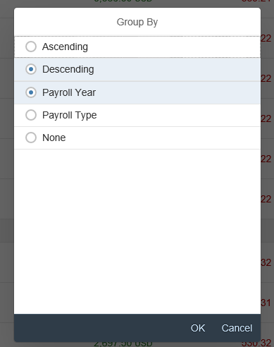 Group By page is displayed with radio button options: Ascending, Descending, Payroll Year, Payroll Type, and None
