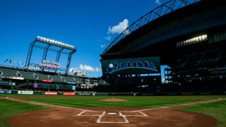 View of a baseball stadium from home base