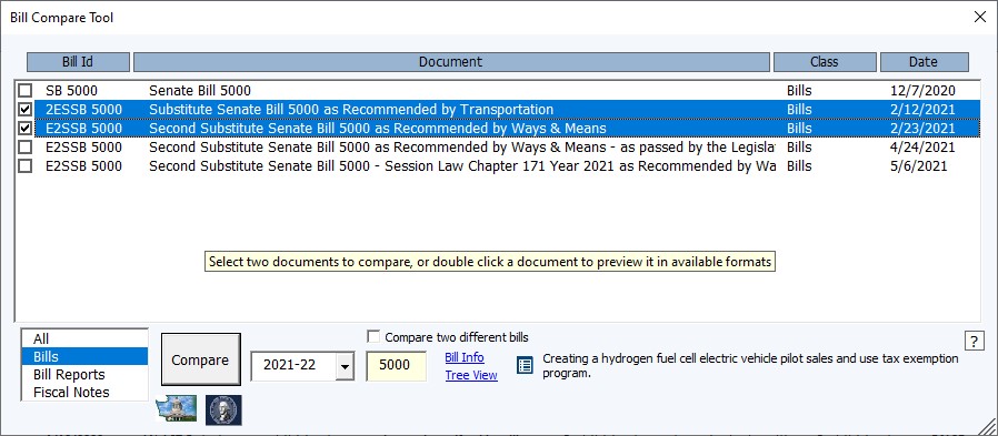 Example screenshot of bill comparison tool, showing a list of bills with checkboxes to the left of each one. Two checkboxes are checked., with a "compare" button below these.