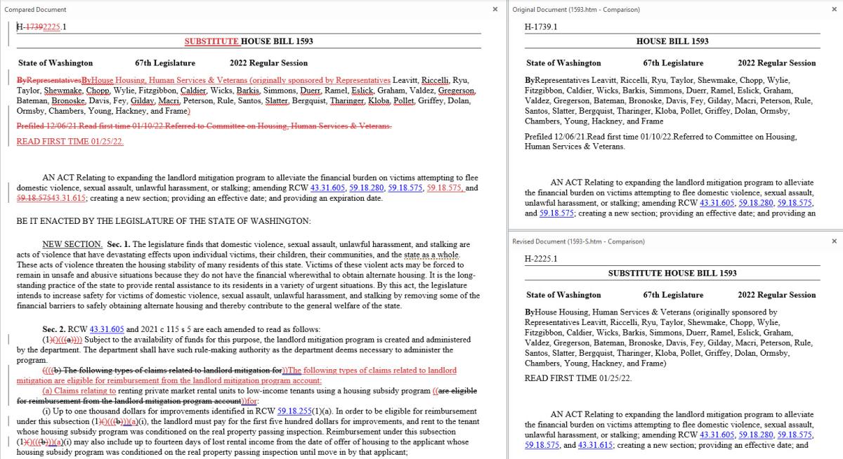 Screenshot showing examples of two bills being compared in MS Word. Differences are shown in red text.