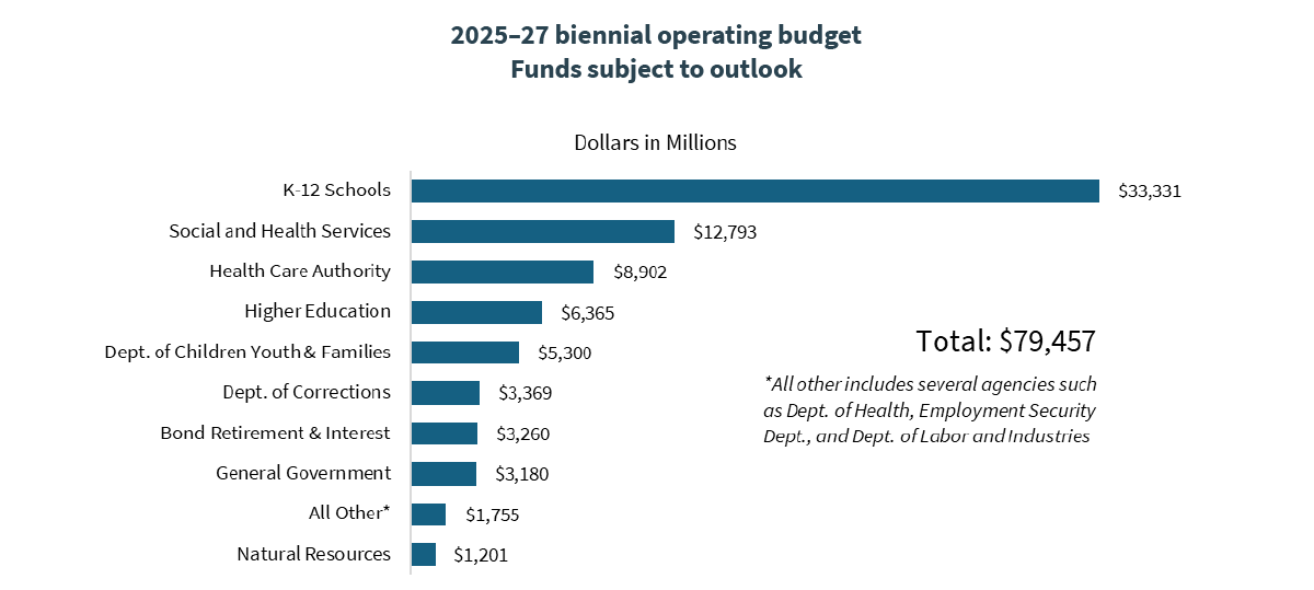 A horizontal bar chart showing budget categories and their corresponding dollar amounts in millions of dollars. "K-12 Schools" has the highest value at $33,331, followed by "Social and Health Services" at $12,793 and "Health Care Authority" at $8,902. Other categories decrease sequentially: "Higher Education" ($6,365), "Dept. of Children Youth & Families" ($5,300), "Dept. of Corrections" ($3,369), "Bond Retirement & Interest" ($3,260), "General Government" ($3,180), "All Other" ($1,755), and "Natural Resources" with the lowest value at $1,201.