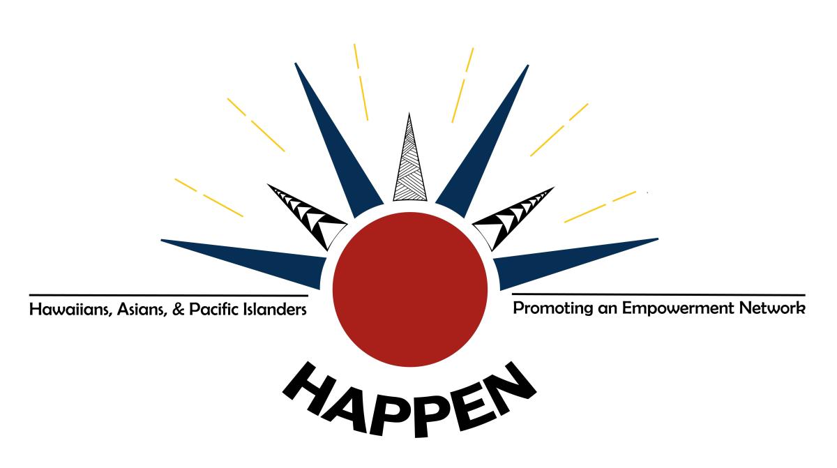 HAPPEN logo: A red round shape with rays coming out of it
