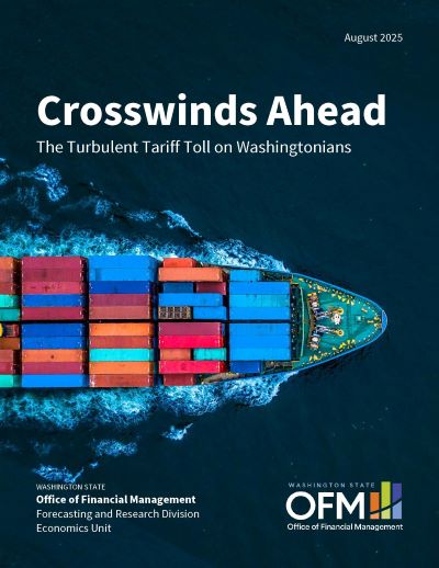 Cover of report showing a container ship on the sea. Text reads "Crosswinds Ahead. The Turbulent Tariff Toll on Washingtonians."
