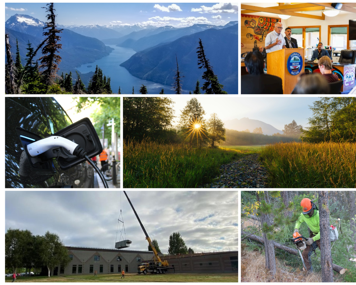 Collage of CCA images: Mountains, lake, Governor speaking at Tribal event, EV charging, Construction, Stream, Forestry