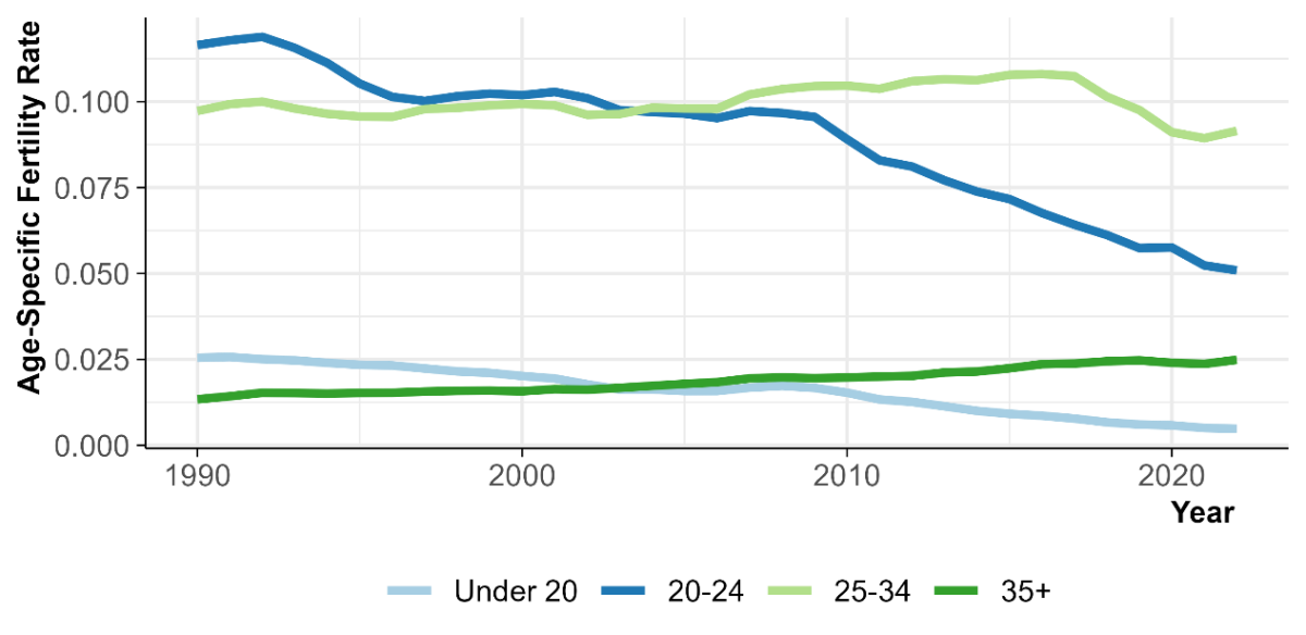 Line graph that shows the age-specific fertility rates from 1990 to 2022. The graph shows that most of the decline in fertility rates is due to the decline in the under 20 and 20-24 year old fertility.