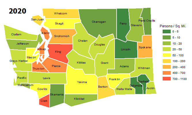 Map of Washington counties showing population density. King and Clark counties show the highest density, with the Puget Sound counties not far behind, along with Spokane.