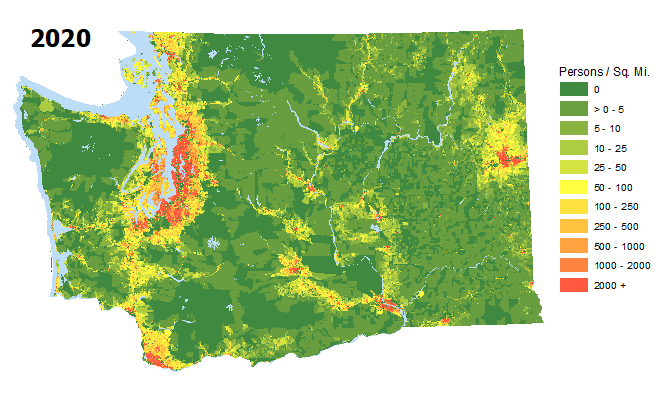 Map of Washington showing population density by census block. Population density is concentrated around Puget Sound, Clark County, Spokane, Tri-Cities and Yakiia