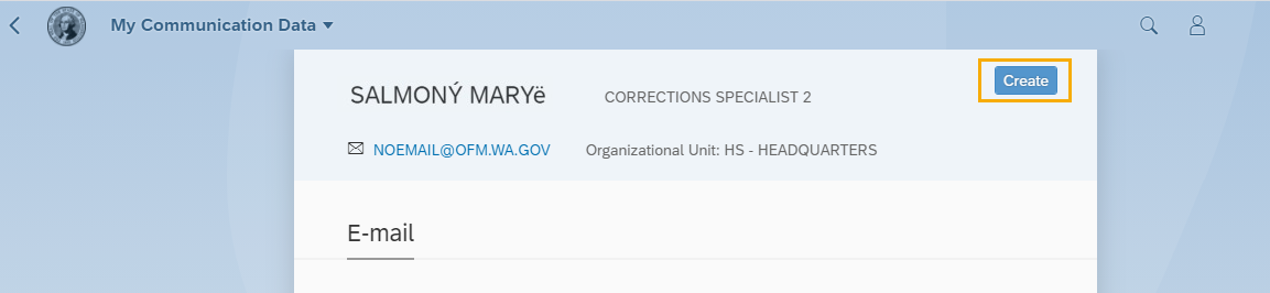 My Communication Data screen is displayed with the Create button highlighted.