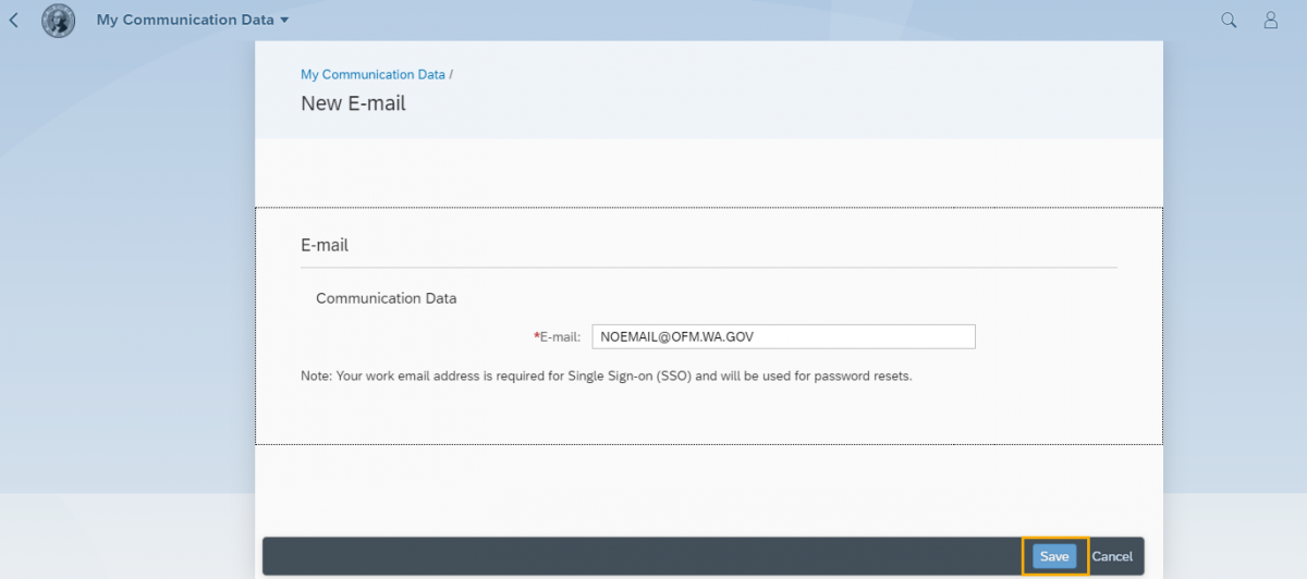 New E-mail screen is displayed. An example email address is entered in the field. The Save button is highlighted.