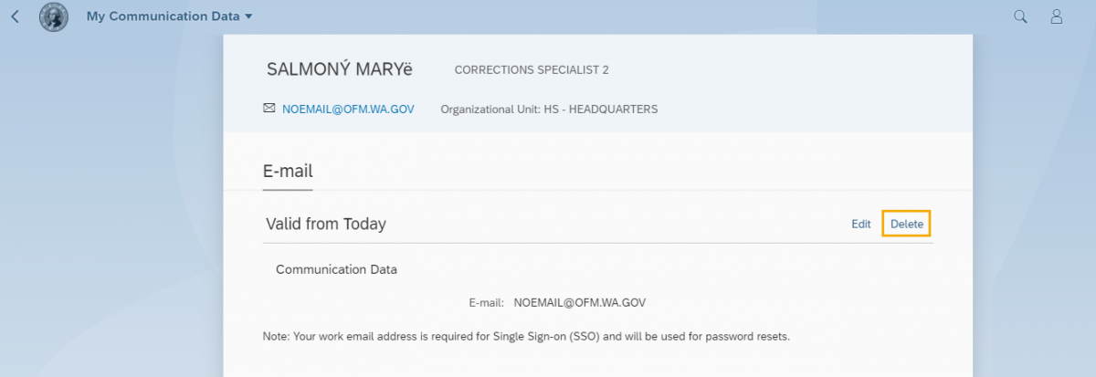 My Communication Data screen is displayed, populated with example user name and email data. Delete button is highlighted.