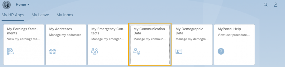 Home screen is displayed with My Communication Data tile selected.