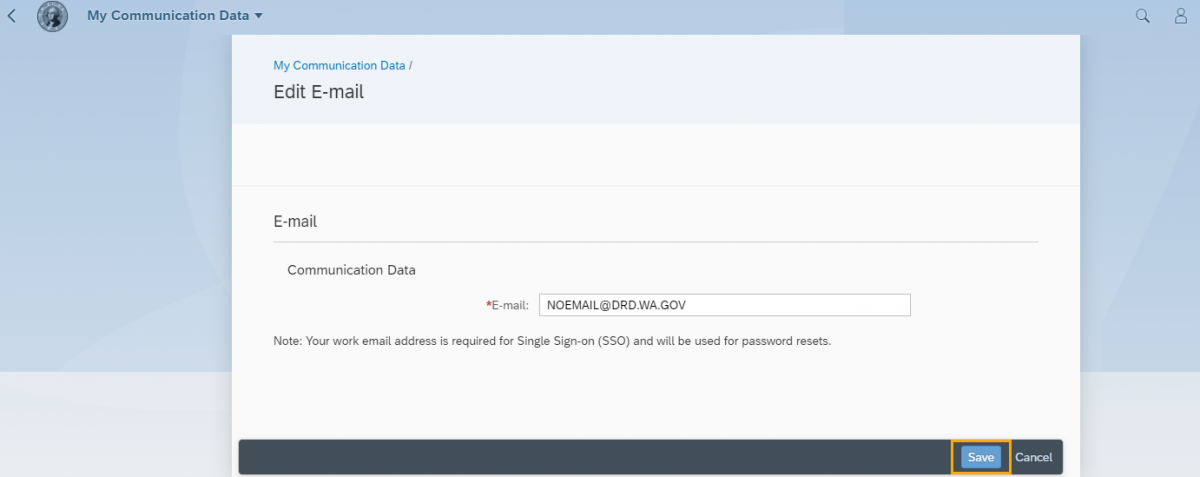 Communication Data page is displayed with email address in editable field. Save button is highlighted.