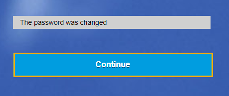 "The password was changed" message is displayed with the Continue button highlighted.