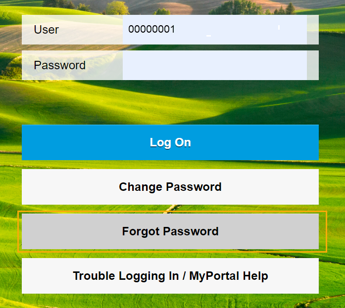 Logon screen with mock up user Id and the Forgot Password button highlighted