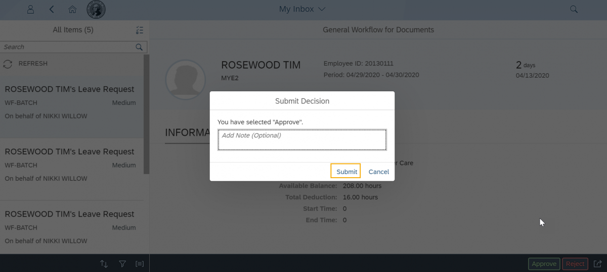Submit Decision dialog box with Submit button highlighted
