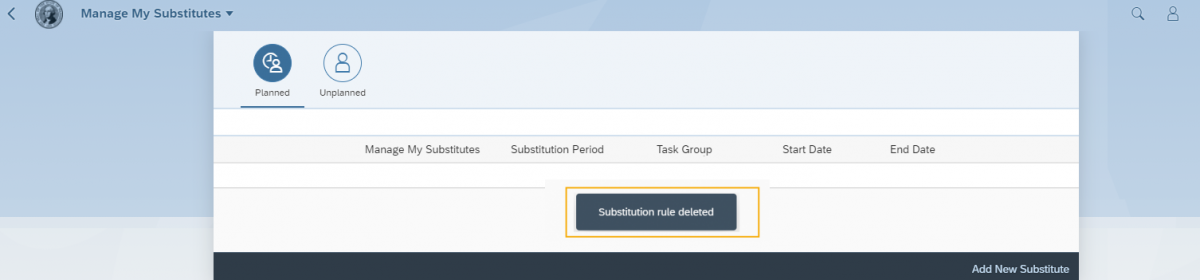 Manage My Substitute window with Substitution Rule deleted message highlighted