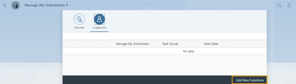 Manage My Substitutes window with Unplanned icon and Add new substitute button highlighted