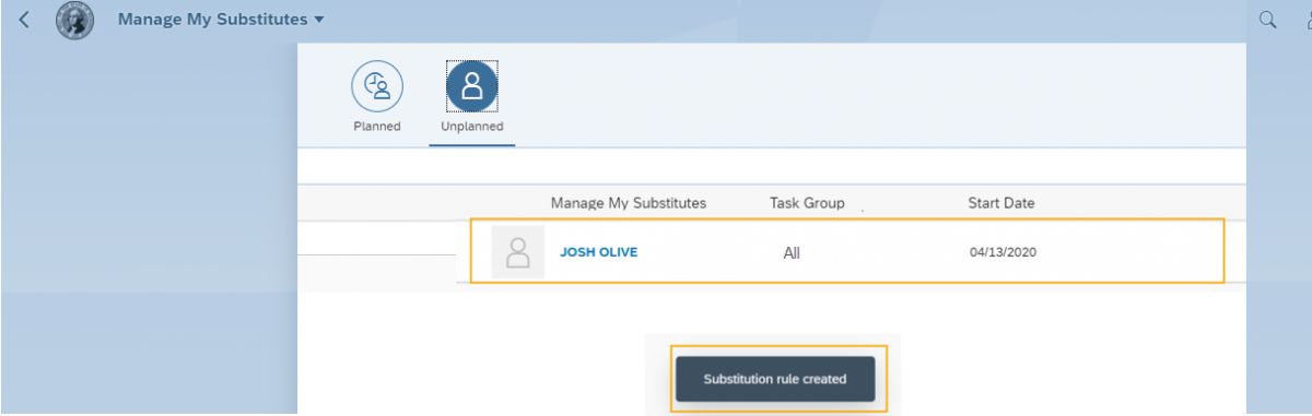 Manage My Substitutes window with substitution rule created message