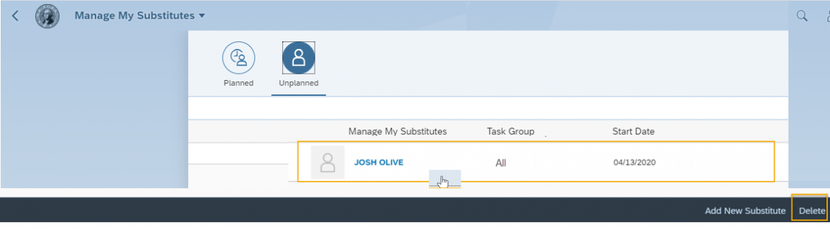 Manage My Substitutes window with substitution name and delete button highlighted