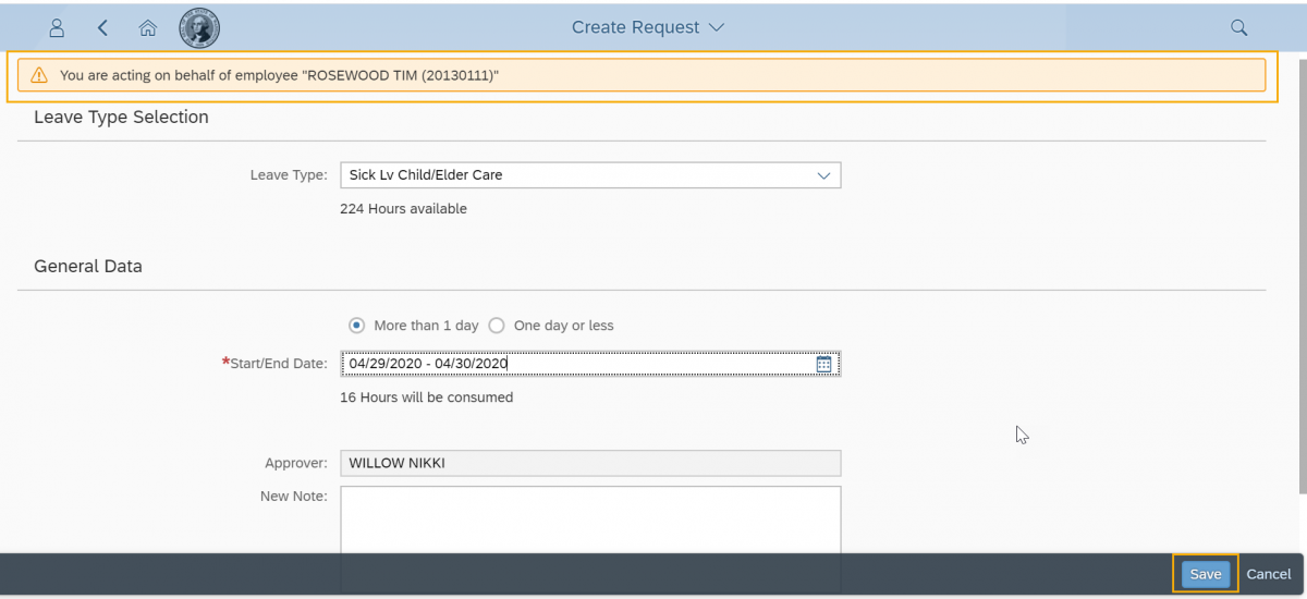 Create Request window with Start/End date field and save button highlighted