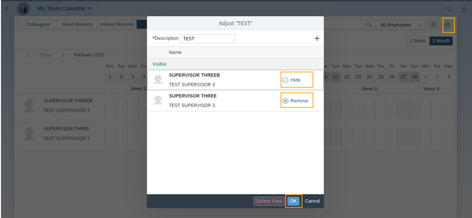 Adjust "Test" dialog box with hide, remove, and OK buttons highlighted