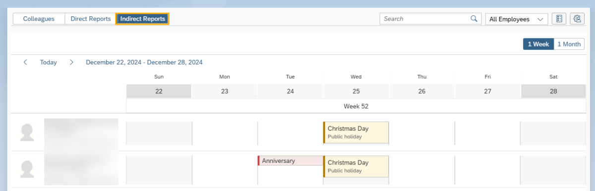 My Team Calendar window with Direct Reports tab selected.