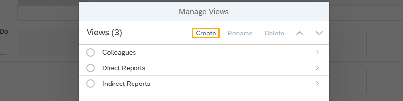 Manage Views section with Create button selected.