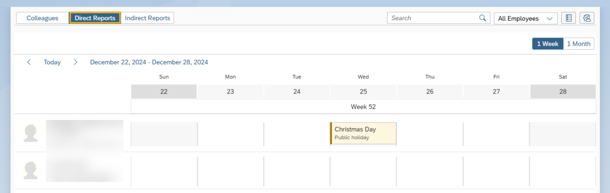 My Team Calendar window with Direct Reports tab selected.