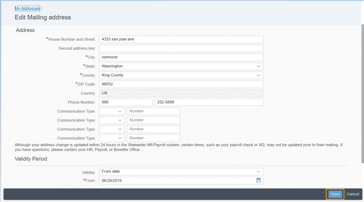 Edit mailing address page displayed with address form being filled out