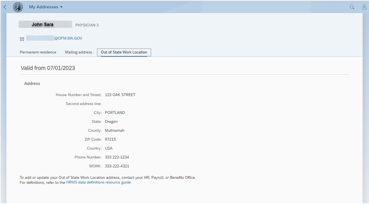My Addresses screen with Out of State Work Location tab selected