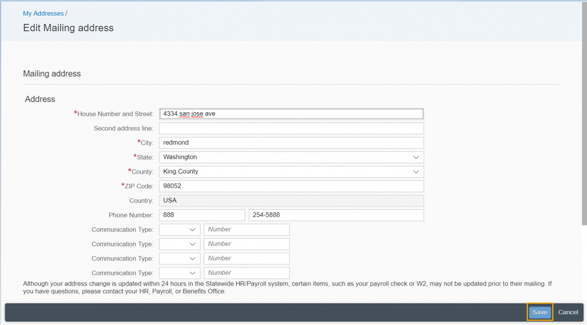 Edit mailing address page is displayed with address form being filled out