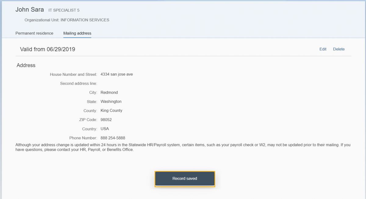 Mailing address page displayed with address form filled out and record saved button highlighted below