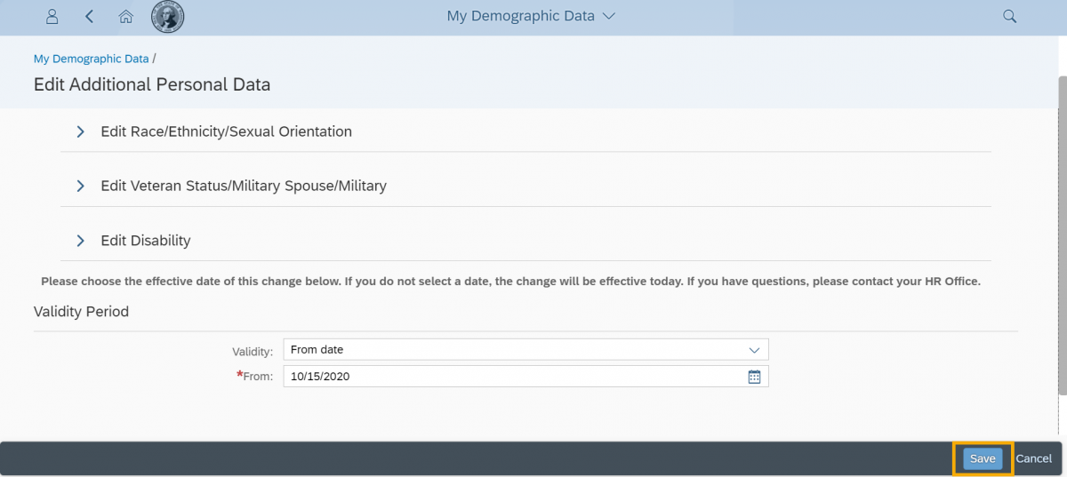 Edit Additional Demographic Data screen with Save button highlighted