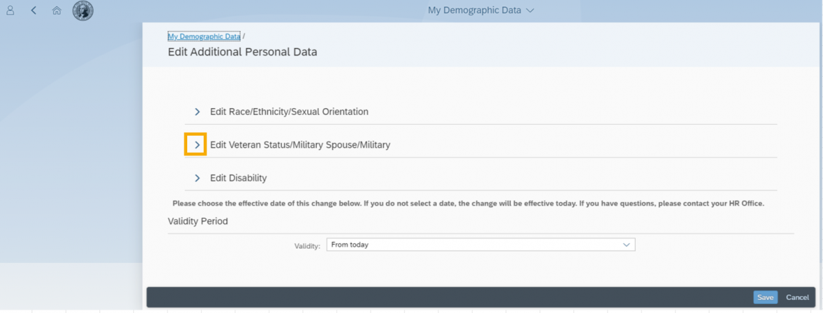 Edit Additional Demographic Data screen with Edit Veteran Status/Military Spouse/Military bullet highlighted