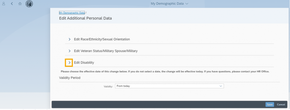 Edit Additional Demographic Data screen with Edit Disability bullet highlighted