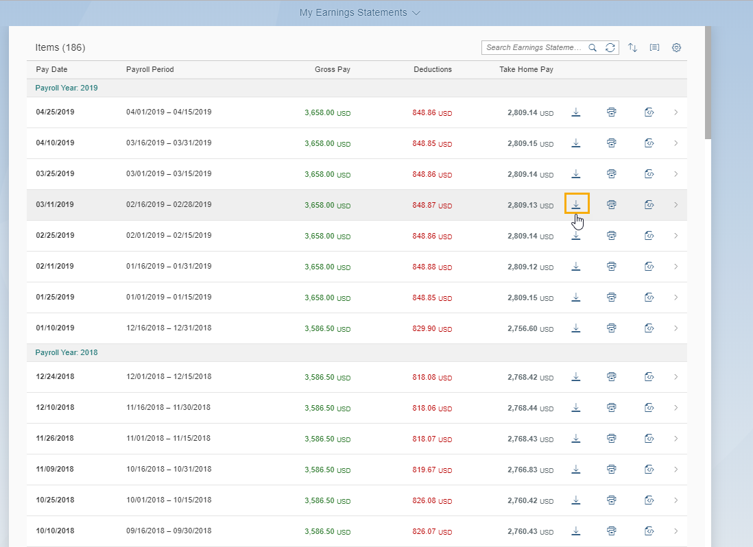 My Earnings Statements window is displayed with download button selected.