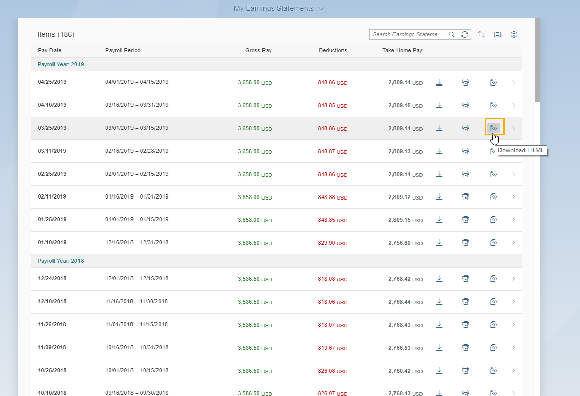 List of earnings statements are displayed with Download HTML icon selected.