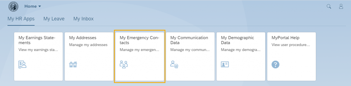 Home screen with My emergency contacts tile is highlighted