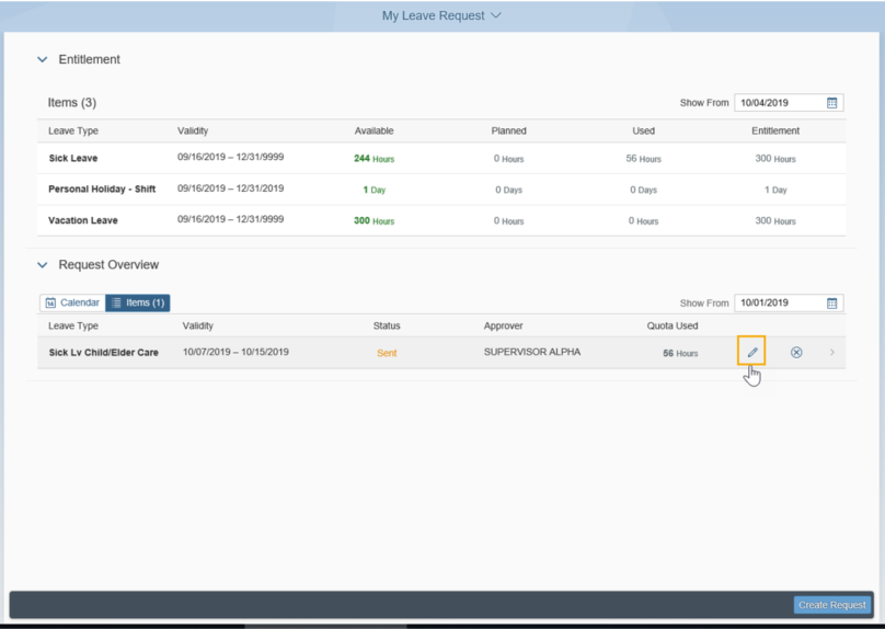 My leave request window opened with Request Overview section expanded  and Edit icon highlighted