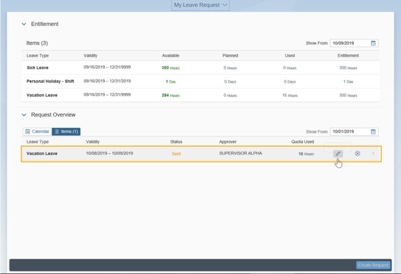 My Leave Request window opened with a record in Request Overview highlighted