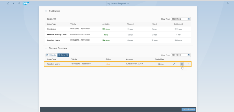 My Leave Request window opened with a row in Request overview section highlighted and delete icon selected