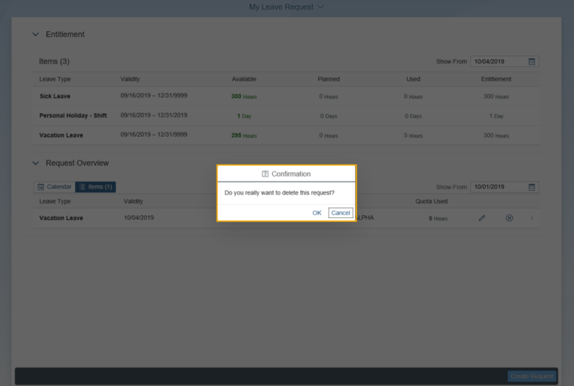 Delete request confirmation window pop up on top of My Leave Request window