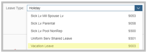 Leave type window open with Vacation Request type highlighted.