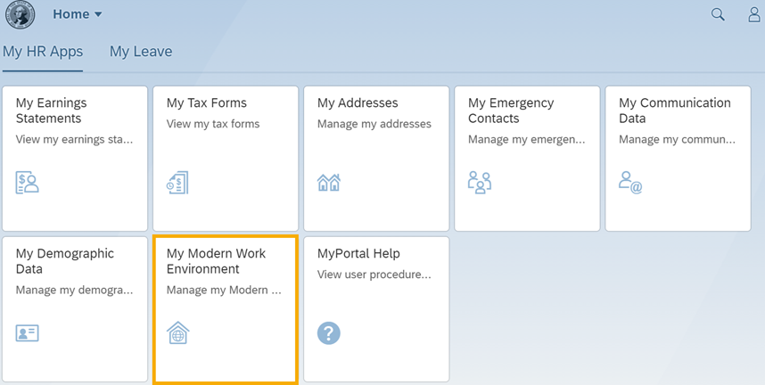 MyPortal page with tiles for my earnings statements, my tax forms, my addresses, my emergency contacts, my communication data, my demographic data, my modern work environment, myportal help