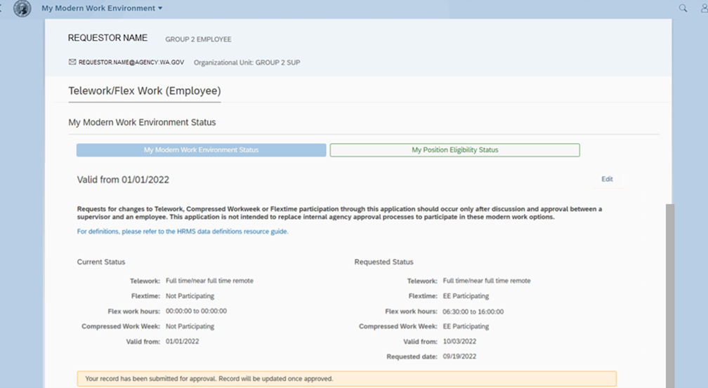 Status page with current status and requested status with message that your record has been submitted for approval - record will be updated once approved