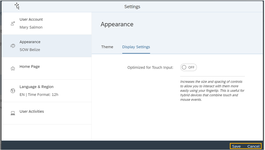Settings screen - Appearance with Save and Cancel buttons highlighted