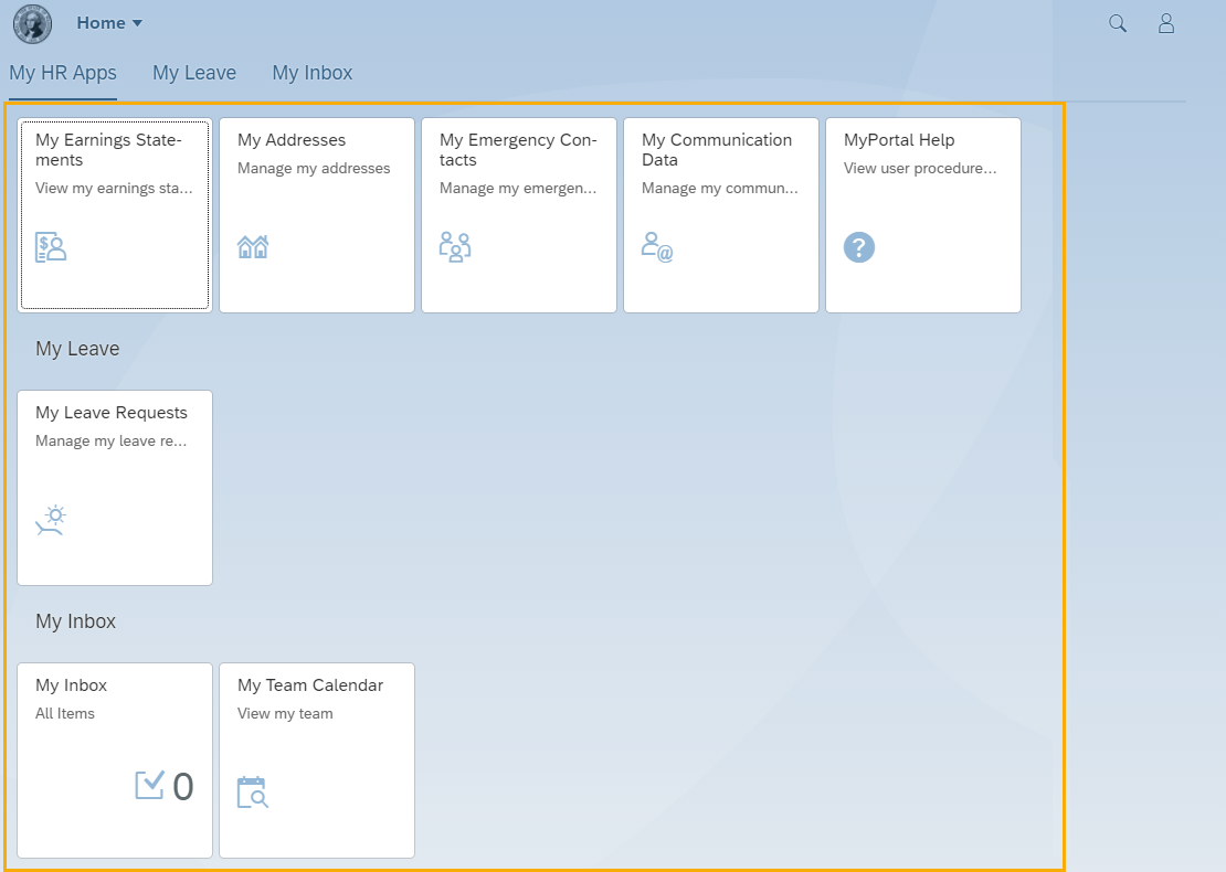 Home screen with all tiles in My HR Apps highlighted