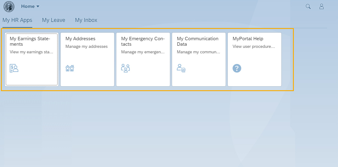 Home page screen with My HR Apps tiles group highlighted