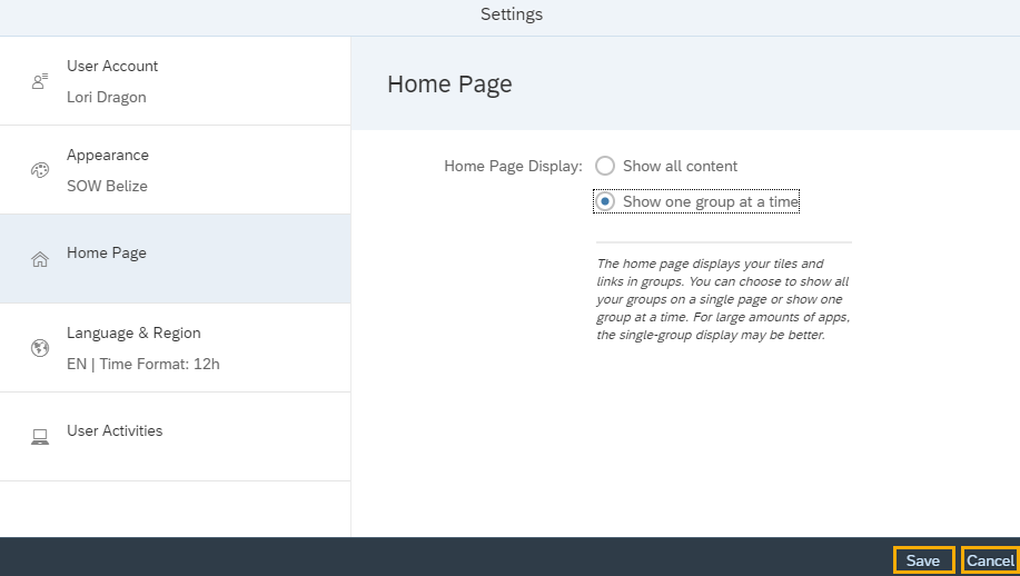 Settings screen in Home page tab and Save and Cancel buttons highlighted