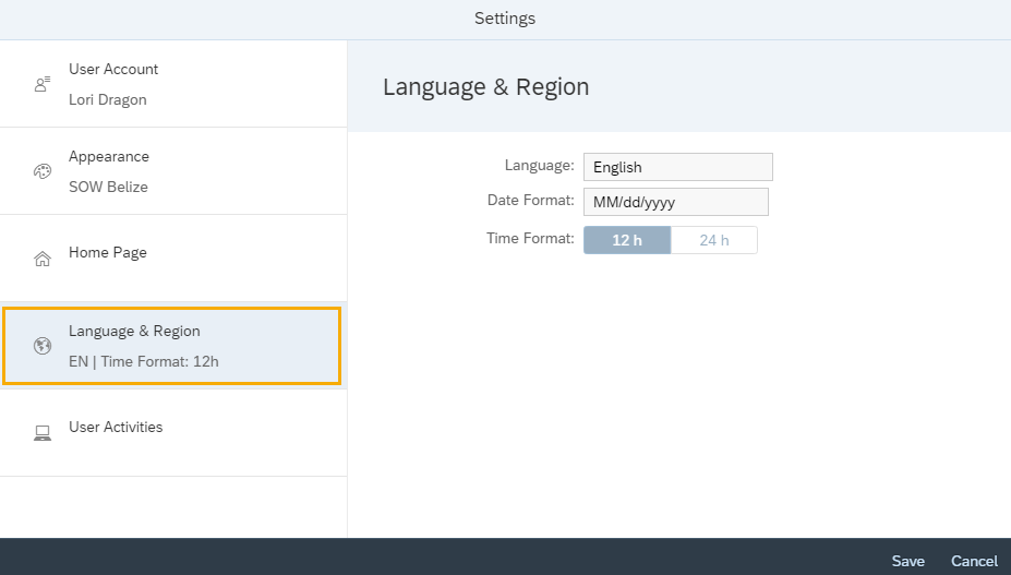 Settings screen with Language & Region tab highlighted